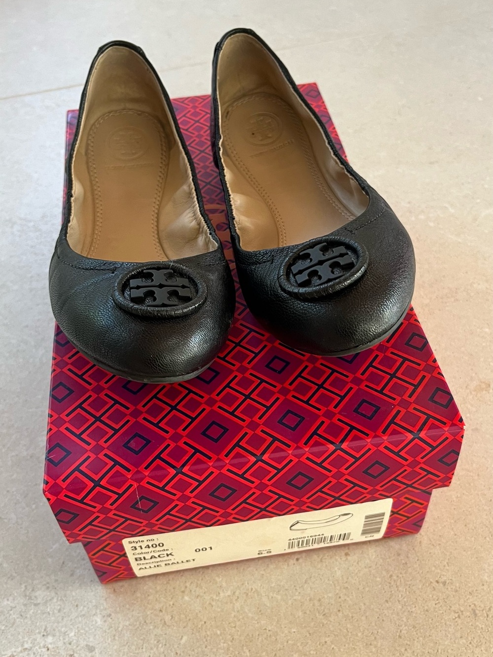 Tory Burch Black Leather Logo Round-Toe Ballet Flats